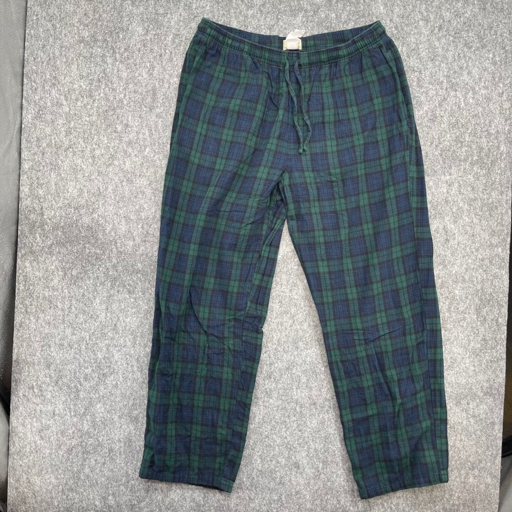 LL Bean Pajama Pants Mens Large Green Blue Plaid Cotton Sleepwear Flannel